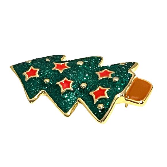 Christmas Tree Brooch Pin 2.25” Enameled Gold Green Sfjr Signed Steinmetz & Sons - Picture 2 of 4